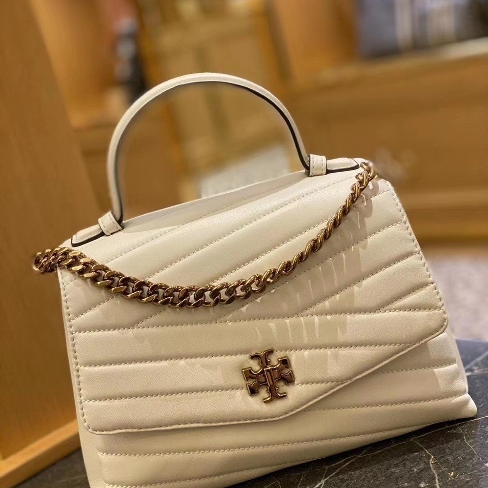 Tory Burch Kira Top Handle Turnlock Cream Shoulder Bag with Gold Chain